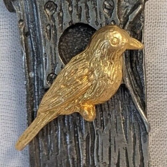 M. Bastin Birdhouse Signed Brooch Pinback Pewter Vtg 1999 Gold Tone Lapel Nature - Picture 5 of 12